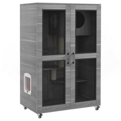 Luxury Cat House with Wheels, Kitty Cage Catio Villa for Indoor Cats with Scratching Posts, Condo, Flap Door, and Cushion