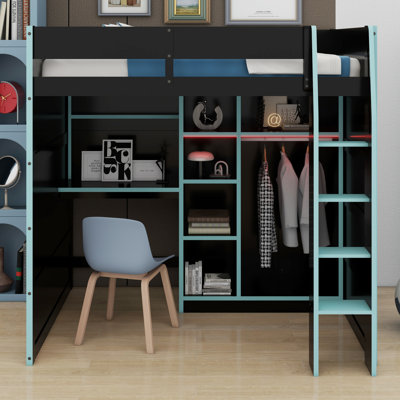 Wood Loft Bed With Desk,Open Wardrobe,Storage Compartments And RGB Lights
