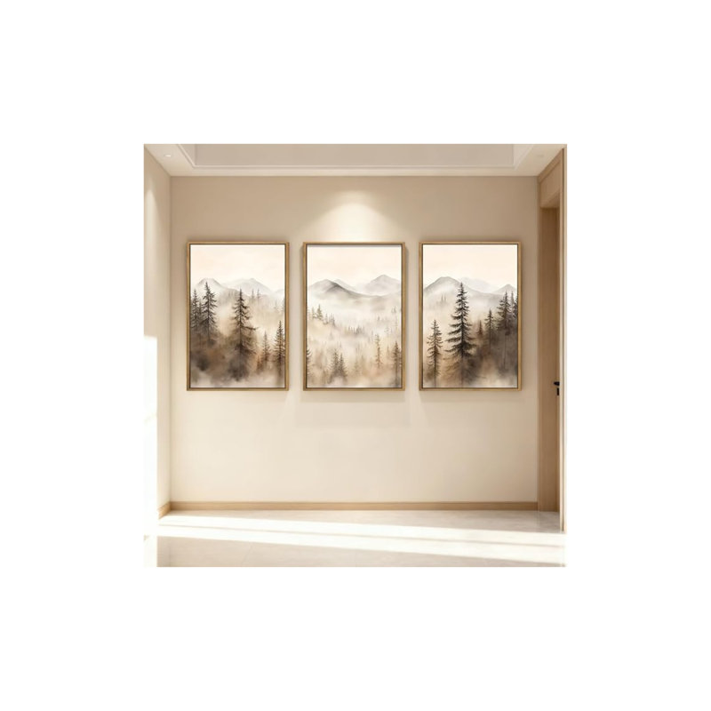 Set of 3 Mountain Forest Framed Canvas Wall Art, 16" x 24", Abstract Misty Woodland Prints