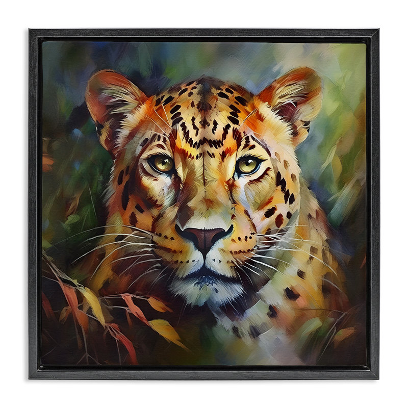«Leopard Face Portrait», peinture murale encadrée par Noah Bay, Cadre flottant noir de jais, H 25 po x l 25 po