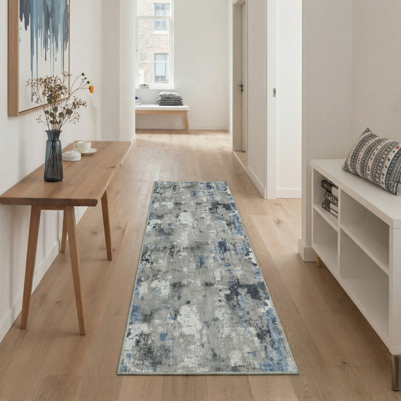 Mignone Artisan Flow Modern Machine Washable Slate Blue Indoor Area Rug With Non-Slip Backing, Runner 2' x 6'