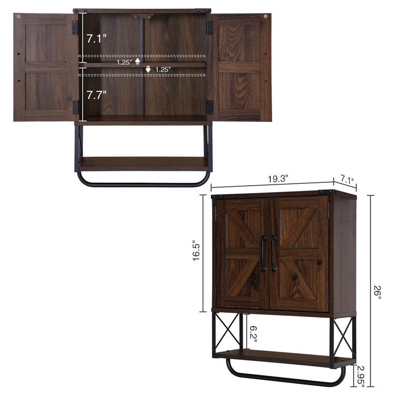 Wooden Wall Mounted Bathroom Cabinet with Adjustable Shelf and Towel Bar, Dark Walnut