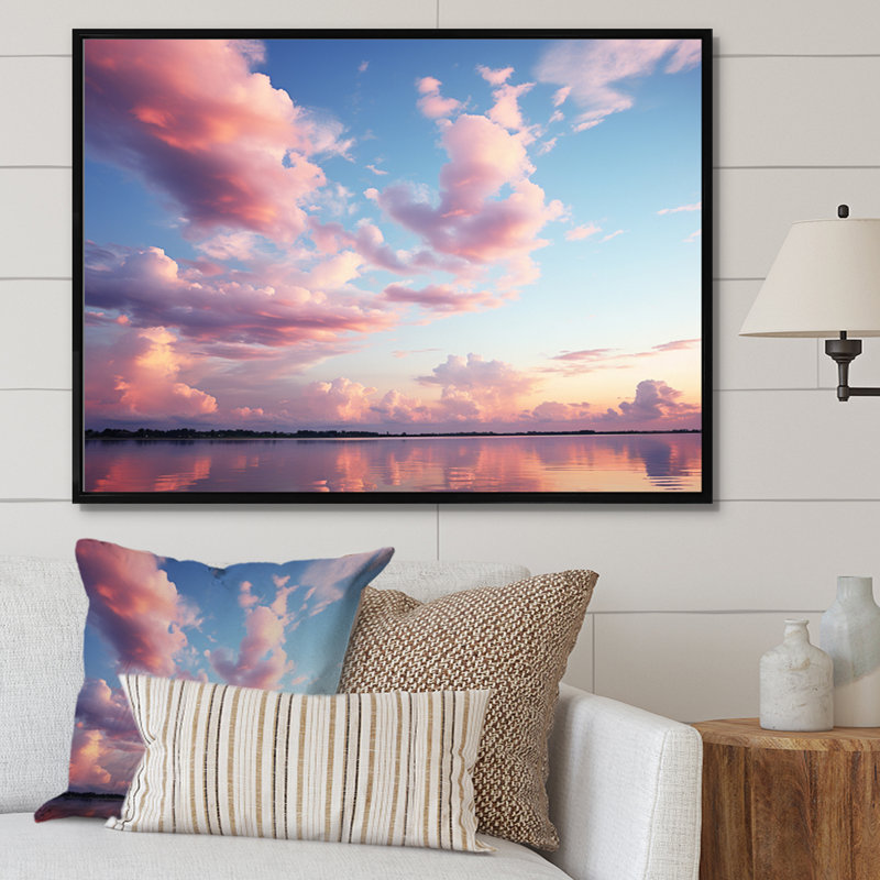 Ciel rose, sérénité céleste sur toile, Cadre flottant noir, H 34 po x l 44 po x P 1,5 po