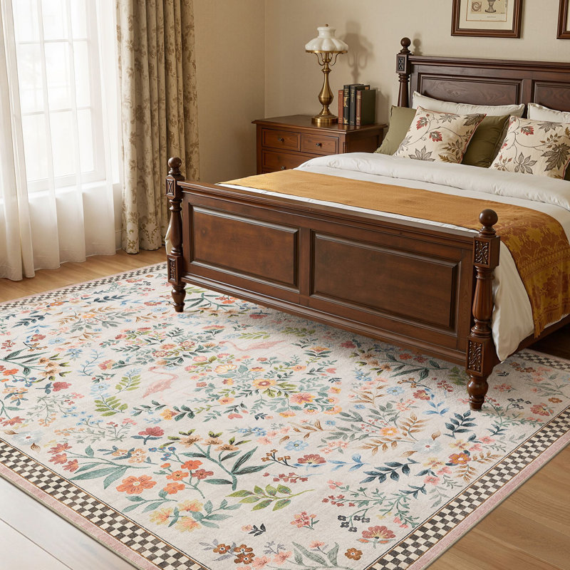 Tapis lavable à motif floral de style campagnard antidérapant pour chambre d'enfant - rose, Rose, Rectangle 6 pi x 9 pi