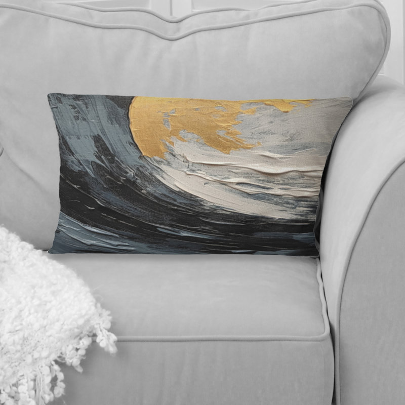 Coussin décoratif doré et noir à spirales vibrantes abstraites