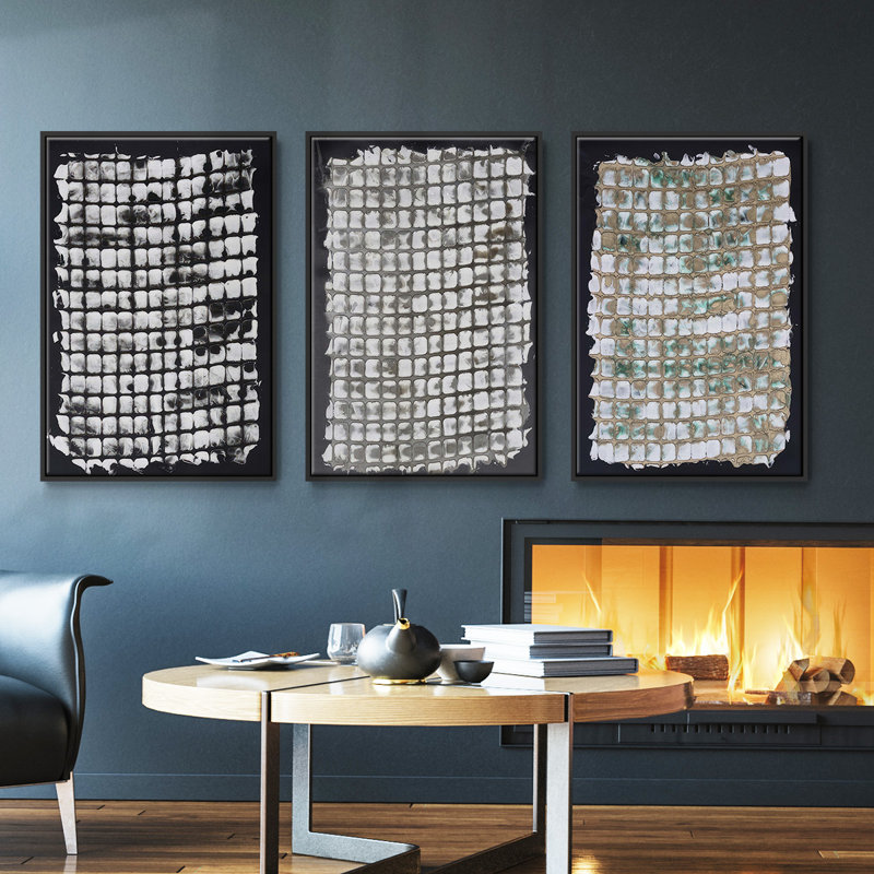 Ensemble de 3 pièces encadrées sur toile, "Mercurial I", Noir, H 36 po x l 72 po