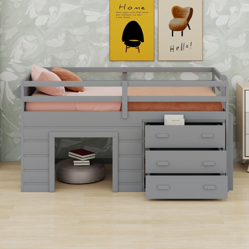 Lit mezzanine moderne avec tablette ouverte, Gris