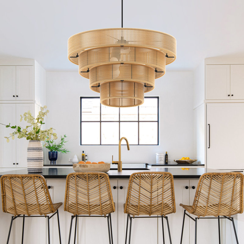 Grand luminaire suspendu en rotin tissé, plafonnier boho à hauteur réglable pour îlot de cuisine, salon, chambre à coucher