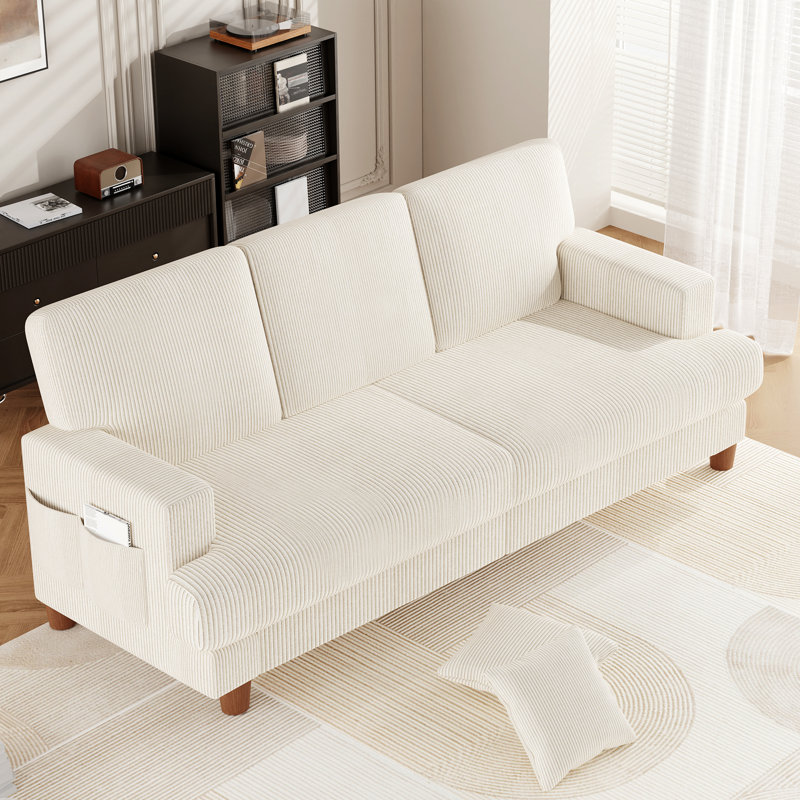 220cm Corduroy Sofa with 3 Seats, No Tool Assembly,Solid Wood Frame and Solid Wood Legs, Beige