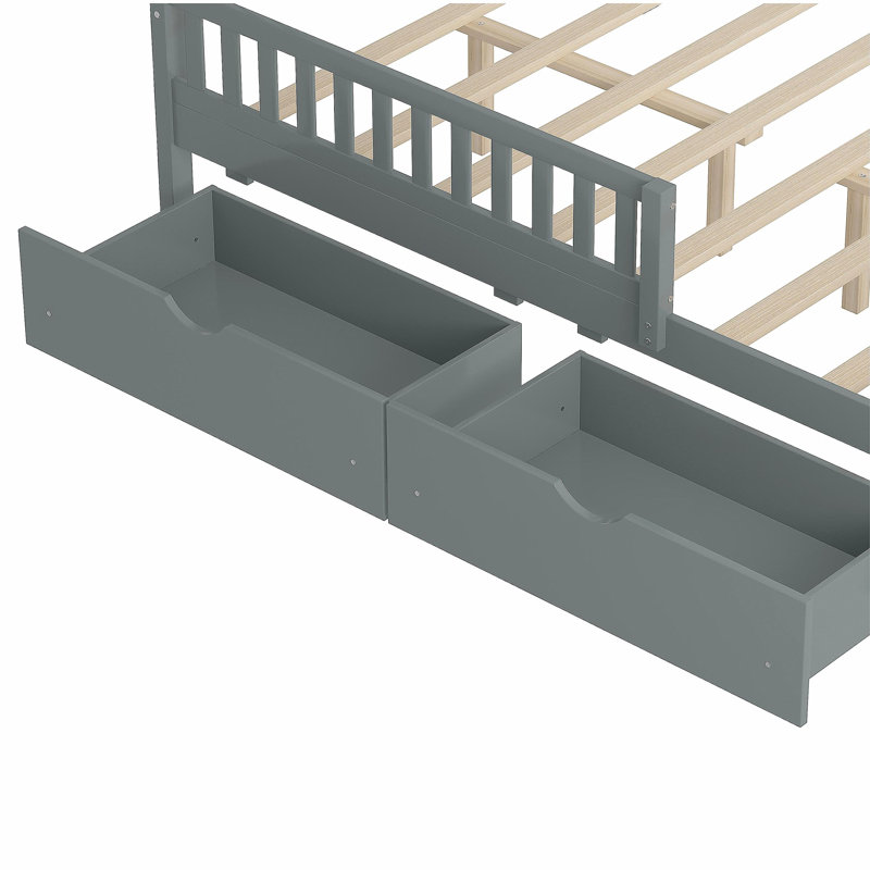 Lit plateforme en bois avec gardes latéraux et deux tiroirs de rangement, Gris, Lit double