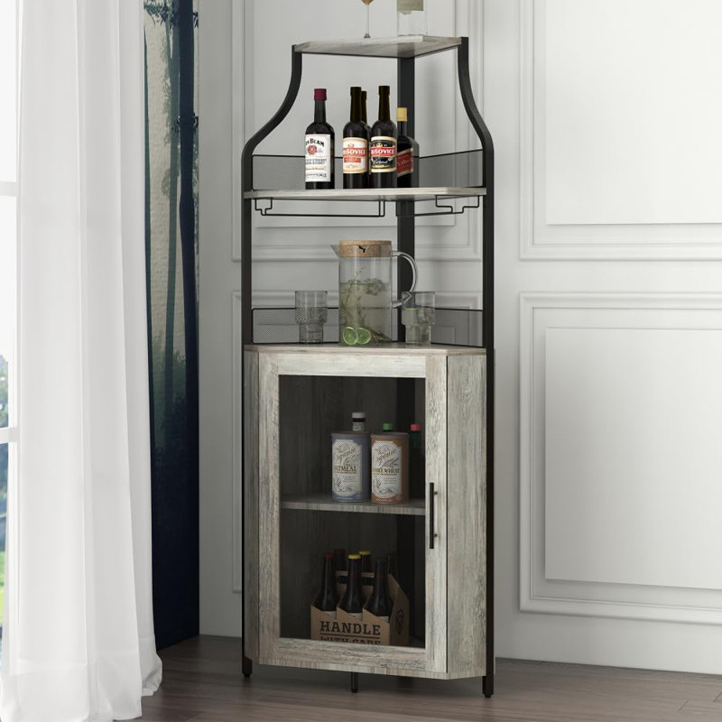 Corner Wine Bar Rack Cabinet With Detachable Wine Rack, Home Bar Cabinet, Grey