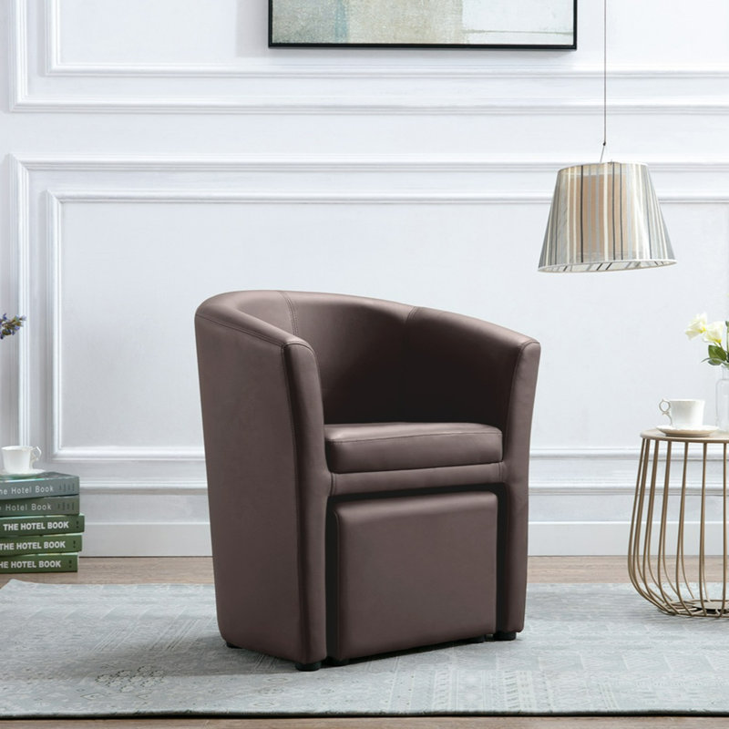 Faux Leather Barrel Chair with Footstool, Brown