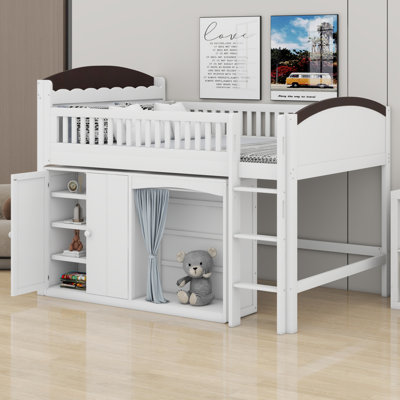 Élégant lit mezzanine avec grand meuble de rangement, garde-robe et DEL