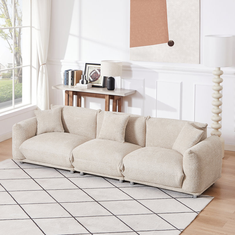 110" Camel Lambswool Sherpa 4-Seat Sofa, Modular Design with 3 Pillows
