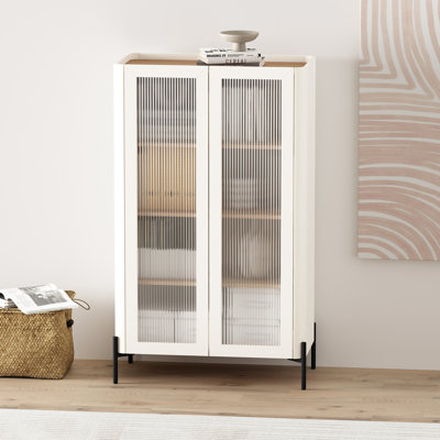 Abbey Modern Tempered Glass Bookcase Cabinet with Adjustable Shelves in Maple and Off White