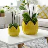 Set Of 2 Stoneware Ceramic Planters With Petal Design And Drainage Hole