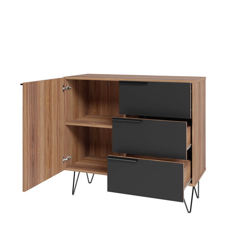 Beekman 35" Mid-Century Modern Sideboard with 3 Drawers and 2 Shelves in Brown and Black, Brown/Black
