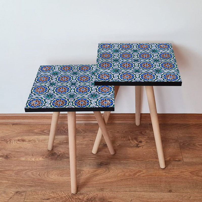 Elegant Nesting Table Set (2 Pieces), Geometric Design, Beech Wood Legs, 13.8 x 18.5 x 13.8 inches & 13.8 x 16.5 x 13.8 inches | 100% MDF, 0.71 inches Thick | Perfect for Modern and Oriental Décor