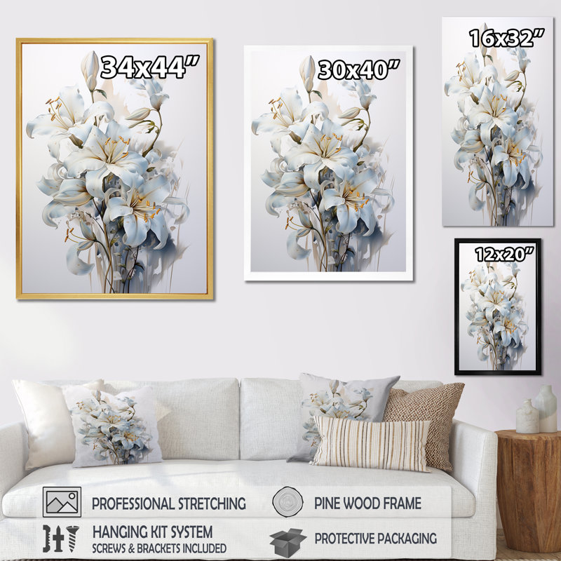 «White Lilies In Bloom Bloquet I» sur toile, H 44 po x l 34 po x P 1,5 po, Cadre simple blanc