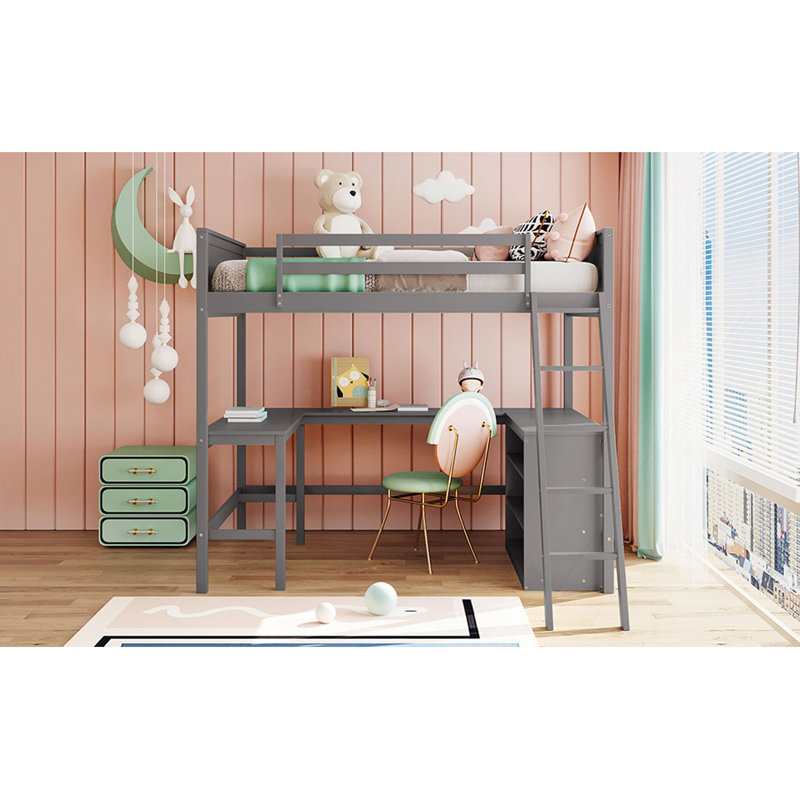 Lit mezzanine double avec tablettes et bureau, lit mezzanine en bois avec bureau