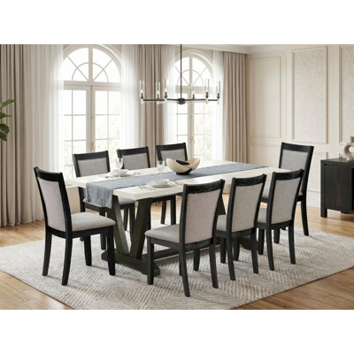 Ensemble de table de cuisine 9 pièces comprenant une table de salle à manger rectangulaire avec pattes en V et 8 chaises Parsons en lin gris foncé Gotham, 101,6 x 182,9 cm, multicolore