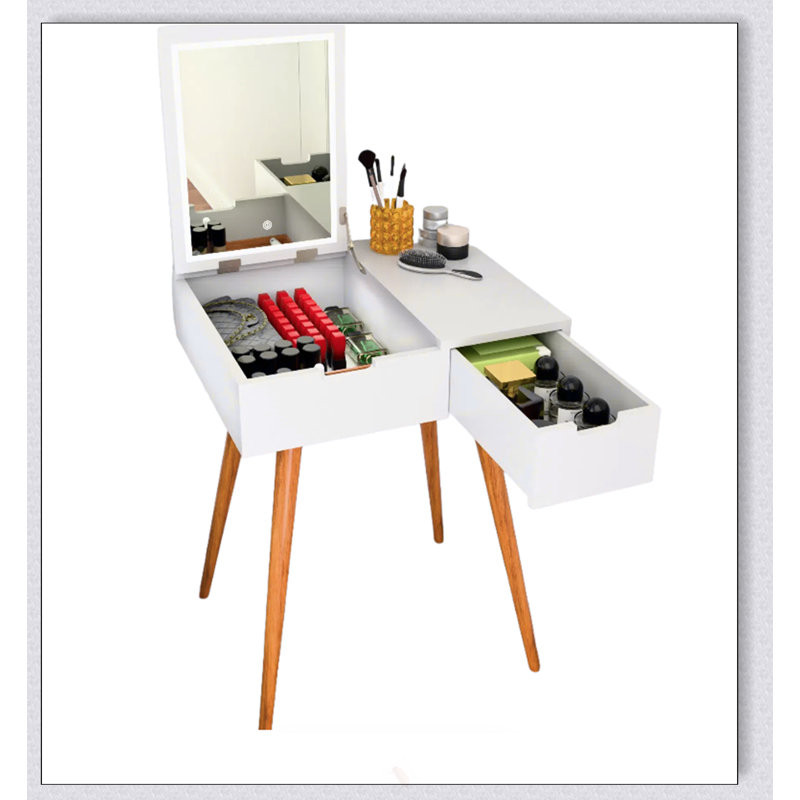 Table de coiffeuse compacte à miroir avec 2 tiroirs et éclairage DEL pour la chambre à coucher et le vestiaire