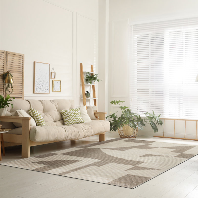 Wrought Studio Motilaal Maki Beige/Taupe Stripe Indoor Polyester Area Rug, Rectangle 5'2.99" x 7'2.61"