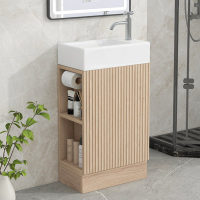 Meuble-lavabo de salle de bain avec lavabo, meuble-lavabo avec tablette, orientation gauche ou droite, naturel