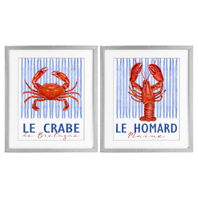 Nautical Stripes Sea Creatures, ensemble de 2 reproductions encadrées sous verre, par Kim Allen