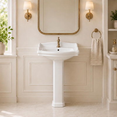 Lavabo sur pied en céramique blanche avec rebord surélevé, lavabo colonne de style vintage avec trop-plein, robinetterie monotrou pour petite salle de bain, salle d'eau et toilettes, blanc