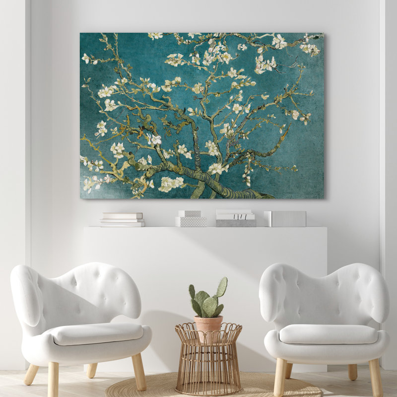 «Amandier en fleurs» par Vincent van Gogh, Bleu pétrole, Toile tendue, H 32 po x l 48 po x P 1,5 po