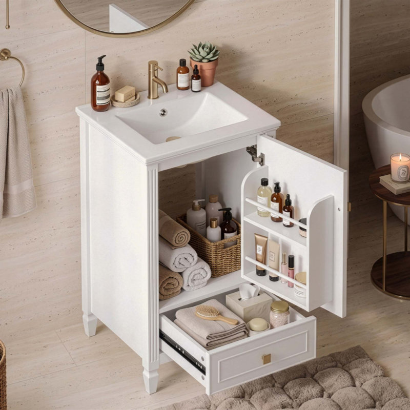 Meuble-lavabo de salle de bain avec lavabo en céramique, meuble-lavabo autoportant avec armoire de rangement, support de rangement, fabrication robuste, finition peinte lisse