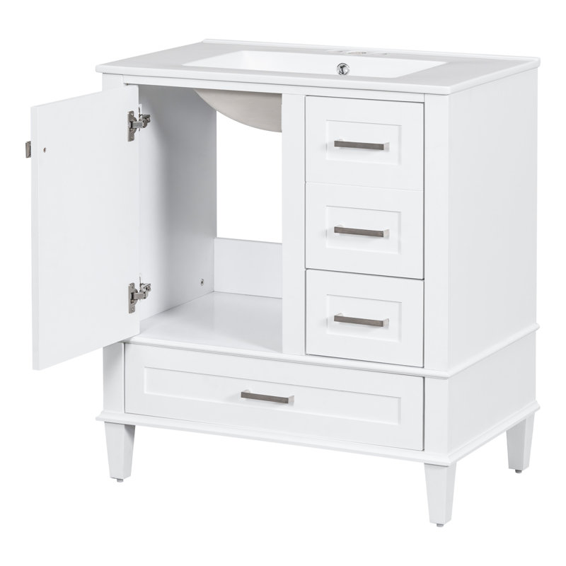 Armoire de meuble-lavabo moderne 30 po - Structure en bois massif blanc avec lavabo en céramique. 3 tiroirs et porte pour une organisation dans un cadre de style. Lavabo équipé, élégant