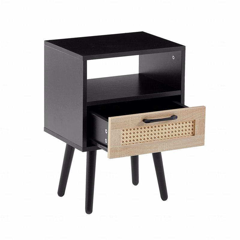 Table de bout en rotin 15,75 "avec tiroir et pieds en bois massif, table de chevet moderne (table de chevet), table d'appoint