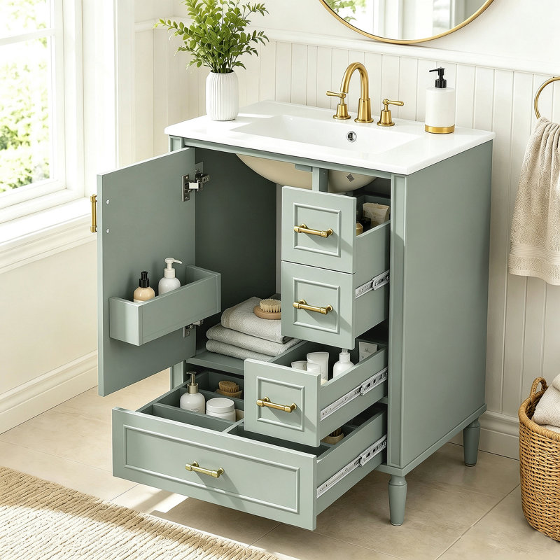 Meuble-lavabo autoportant verdantique de style transitionnel avec lavabo simple, construction en bois massif et MDF, Vert