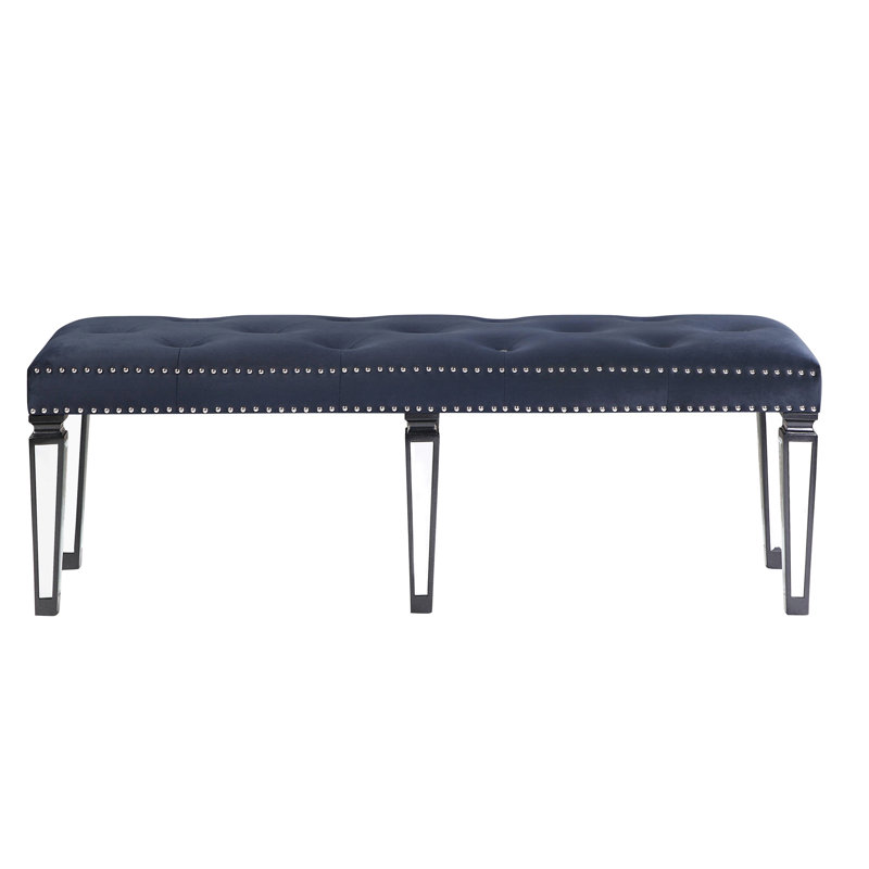 Dark Navy Velvet Bench With Mirrored Leg Inlays For Bedroom Delight And Allure Magnetism