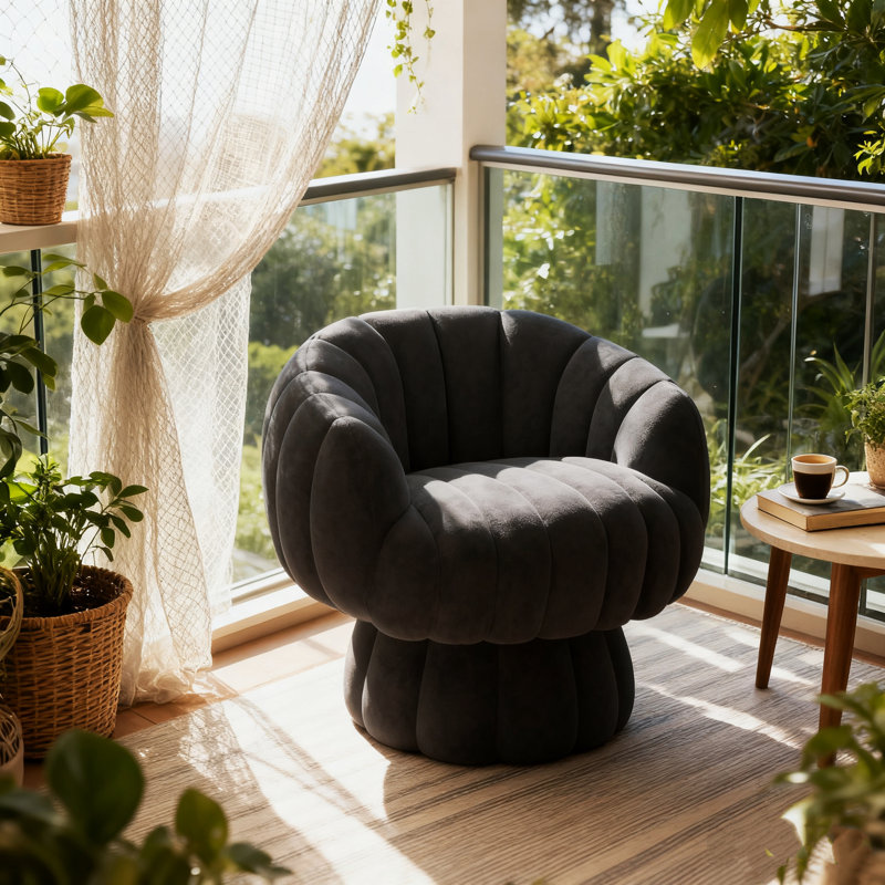 Fauteuil demi-tonneau rembourré rembourré avec coussin, Velours noir