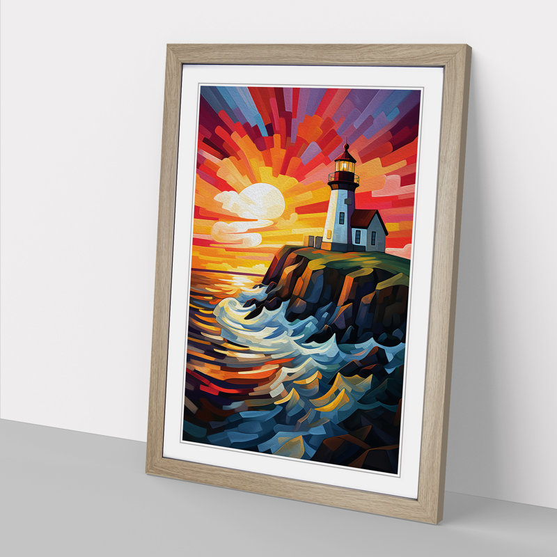 XYZ-FRM-V1223-4188 Lighthouse Cubism - Single Picture Frame Print on Wood, 64cm H x 46cm W x 2cm D, Oak