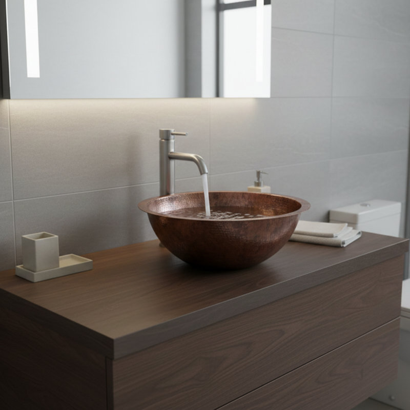  Ambiente 17" Round Copper Bathroom Sink – Hammered Bath Sink, Drop-In or Undermount Sinks, Bronze Finish, Copper Vanity Sink, Premium Bathroom Sinks, Compact Wash Basin