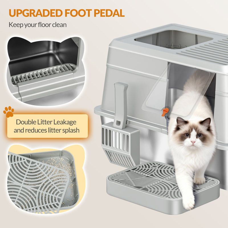 Stainless Steel Cat Litter Tray with Lid, XXL Metal Cat Litter Tray, with Foot Step and Scoop, Easy Clean, Dual Entry, Removable, 60L x 40W x 38H cm 