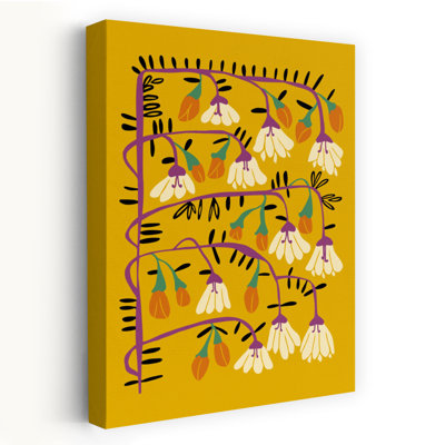 Illustration murale abstraite et minimaliste contemporaine de fleurs de campanule dorées, inspirée par la nature et les plantes.