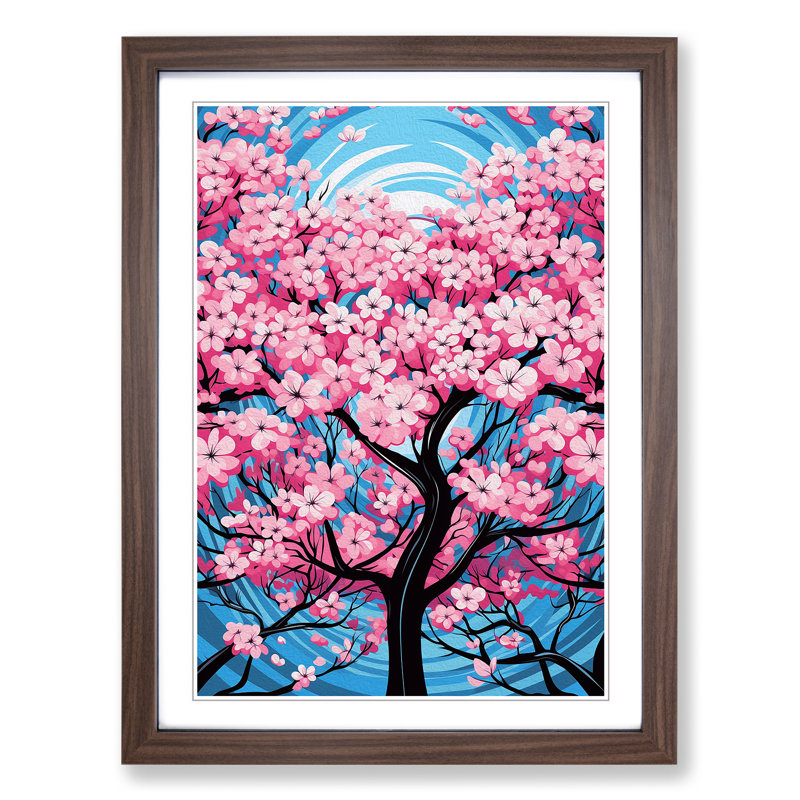 Cherry Blossom Tree Op - Single Picture Frame Print on Wood, 64cm H x 46cm W x 2cm D, Walnut Framed
