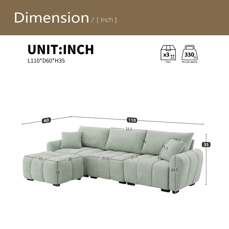 110"Modular Sectional Sofa, L Shape With Extra-Large Seat, Pull-Line Design, Movable Ottoman, High Density Foam, Free Combination, Sturdy Metal&Wood Frame, Boucle Fabric
