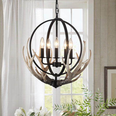 5 - Light 20.47'' Dimmable Rustic Farmhouse Globe Chandelier With Antlers Shade Made of Resin Material