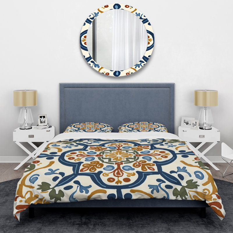 Ensemble de housse de couette à carreaux abstraits de style méditerranéen en bleu rétro IV - Polyester microfibre