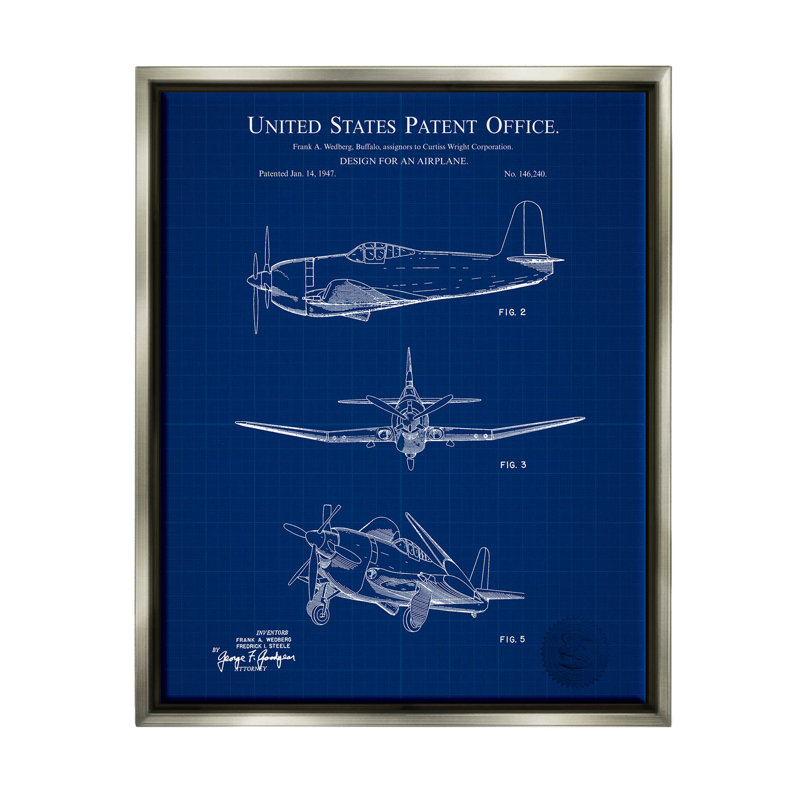 Gray Framed Blueprint Patent Airplane Canvas Print, 11 x 14