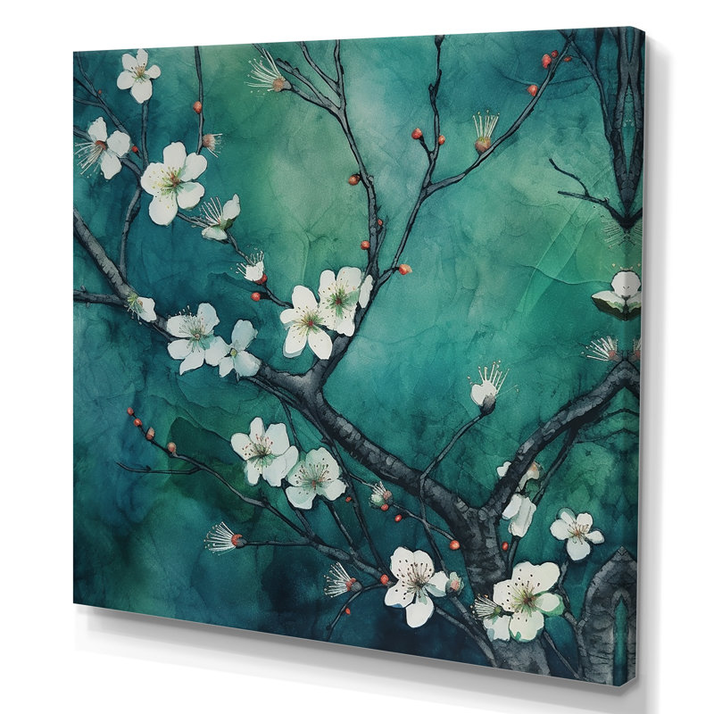 Emerald Cherry Blossoms Symphony II - Art mural de salon avec fleurs de cerisier, H 36 po x l 36 po x P 1,5 po, Toile tendue