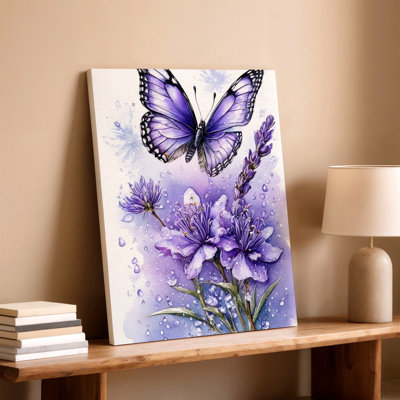 Purple Butterfly Lavender Flowers Watercolor Floral Canvas Wall Art Print, Decorative Contemporary Floral Botanical, Animal Wildlife Artwork for Living Room Bedroom Office Hallway Apartment Gallery Wall Home Decor