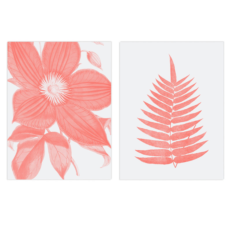 Calm Flower Fern Frond Coral Pink Plant Botanical Aesthetic - 2 Piece No Frame Print Set, 29.7cm H x 21cm W x 0.4cm D