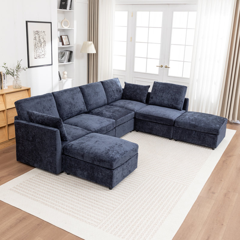 Wilroy 7-Piece Upholstered U-Shaped Sectional Sofa, Blue